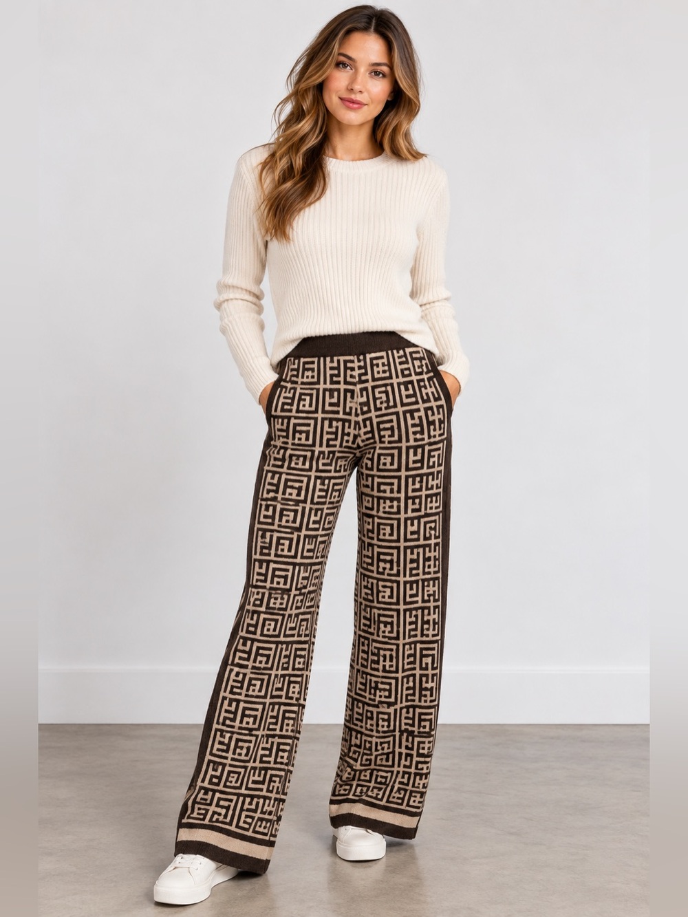 Mandy Geometric Knit Wide Leg Pants Brown Beige One Size NWT